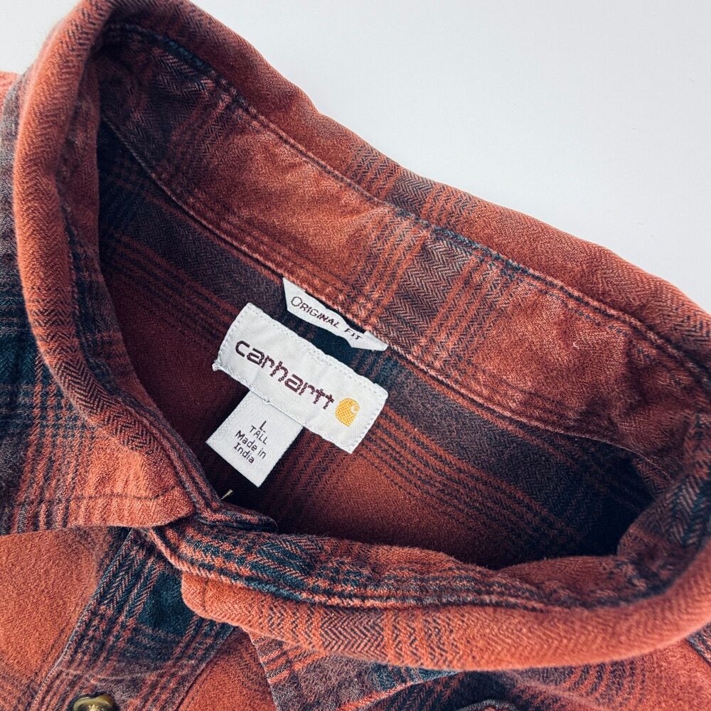 Carhartt Rust Plaid Heavyweight Flannel Shirt Large Tall - Picture 3 of 10